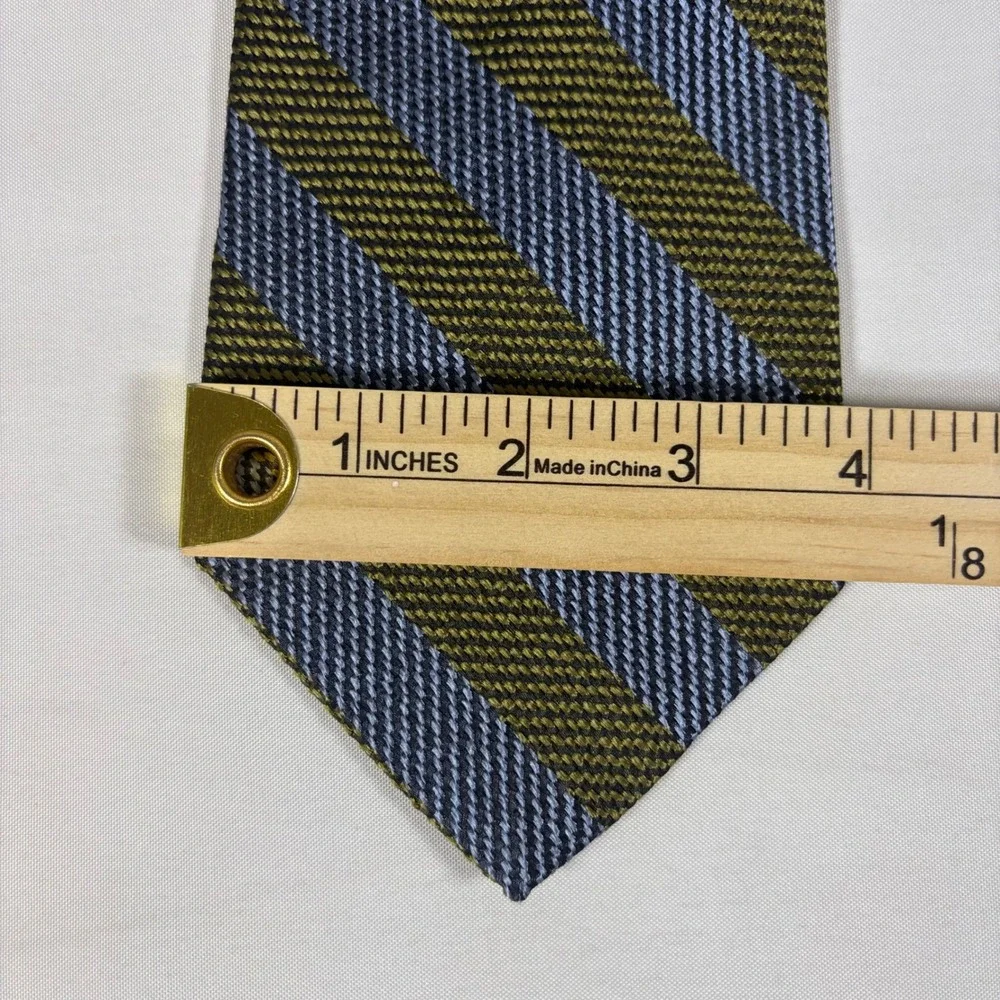 Christian Dior Mens Silk Necktie Vintage Striped Olive Green Blue‎ Designer Tie